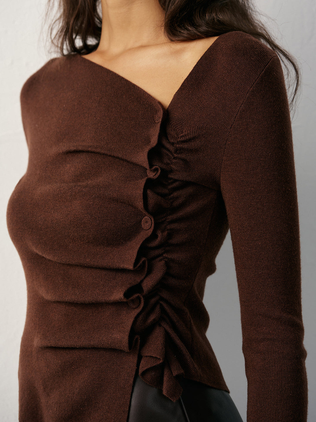 Wool Blend Asymmetric Ruched Side-Button Cardigan  Liora Lane Boutique Cardigans