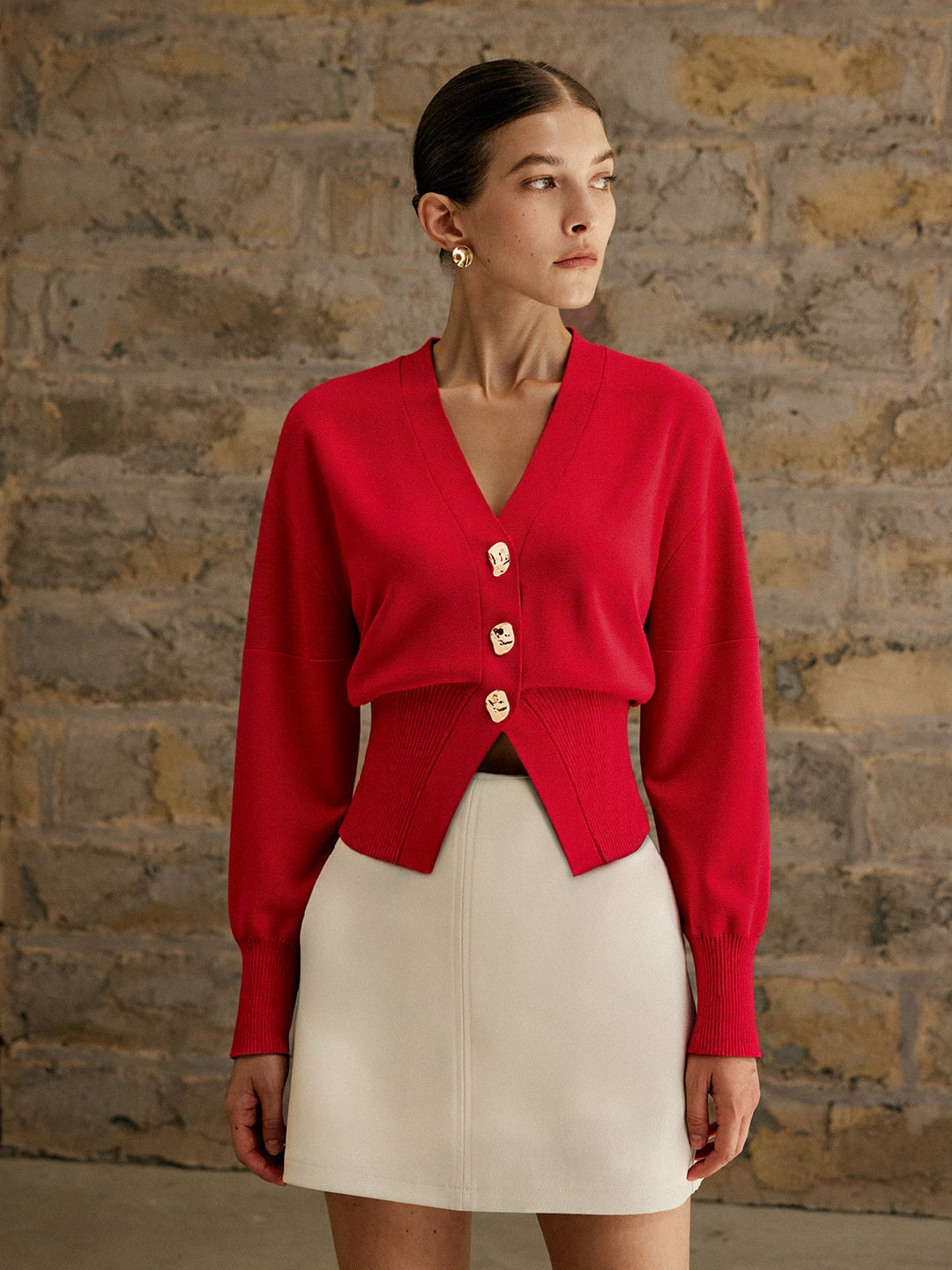 Wool Blend Cropped V-Neck Cardigan  Liora Lane Boutique Cardigans Red / XL 56.00