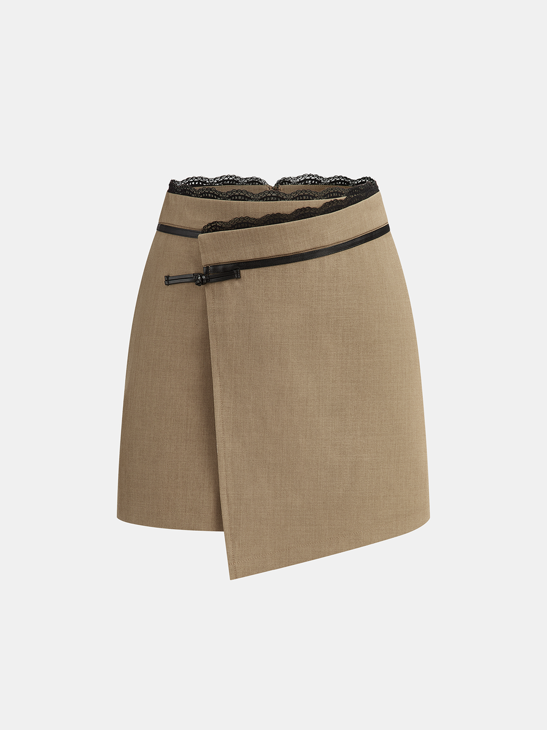 Lace Trim Faux Leather Buckle Mini Skirt  Liora Lane Boutique Skirts Khaki / XL 79.99