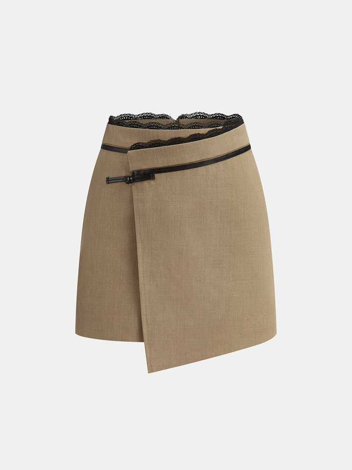 Lace Trim Faux Leather Buckle Mini Skirt  Liora Lane Boutique Skirts Khaki / XL 79.99