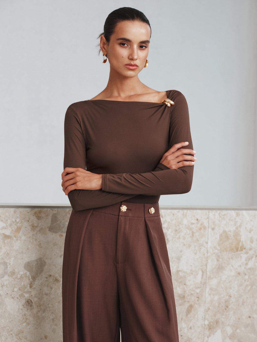 Metal Detail Asymmetric Neckline Bodysuit  Liora Lane Boutique Bodysuits