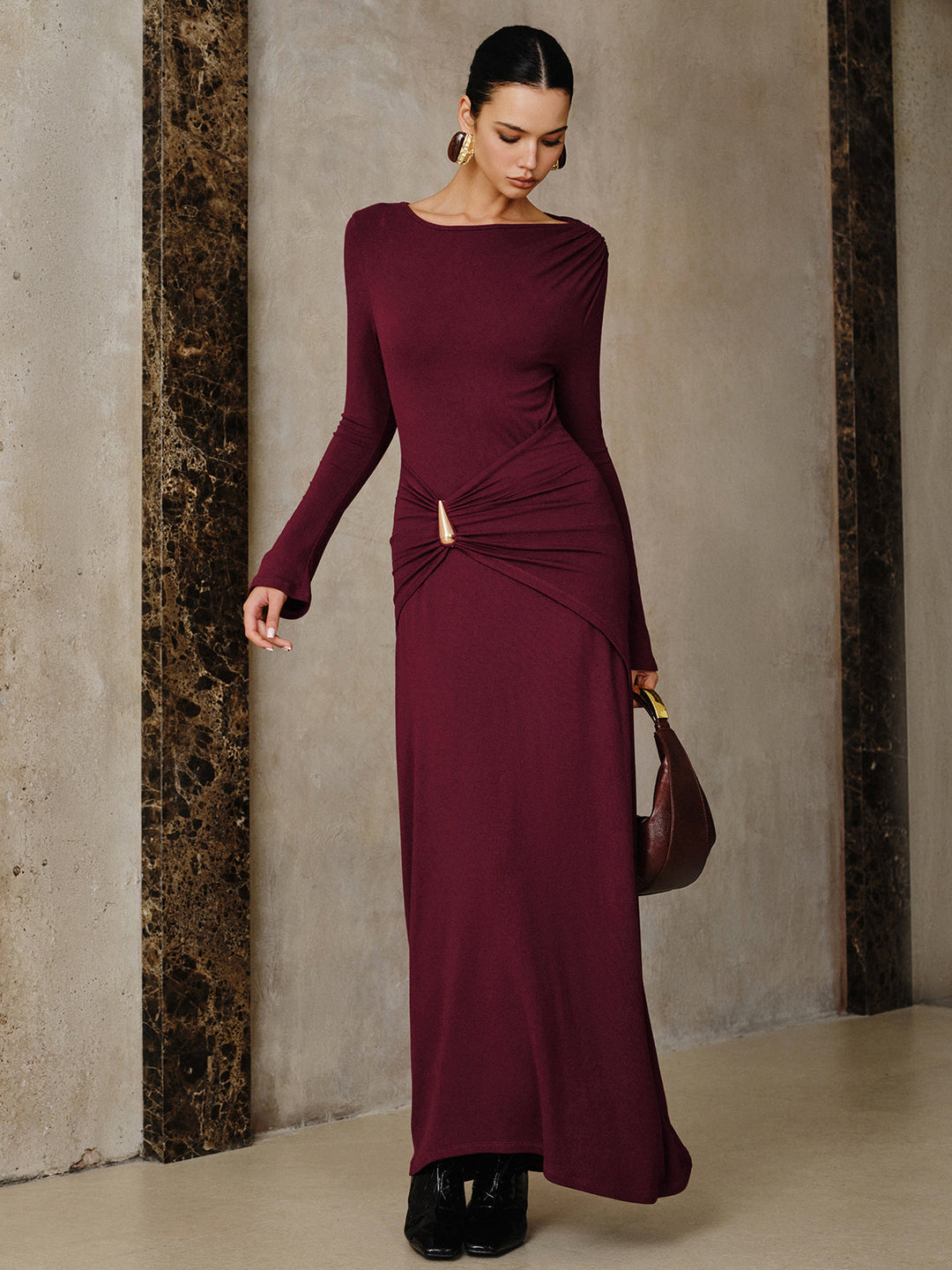 Metal Buckle Long Sleeve Ruched Maxi Dress  Liora Lane Boutique Dresses