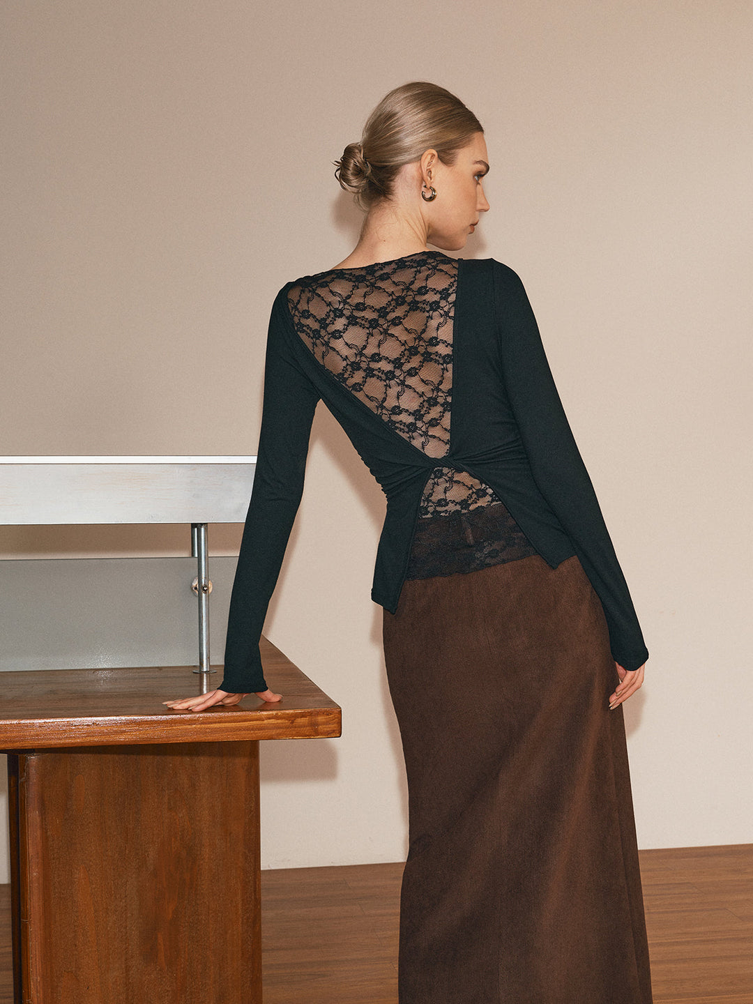 Sheer Lace Back Long Sleeve T-Shirt  Liora Lane Boutique T-Shirts Black / XL 29.00