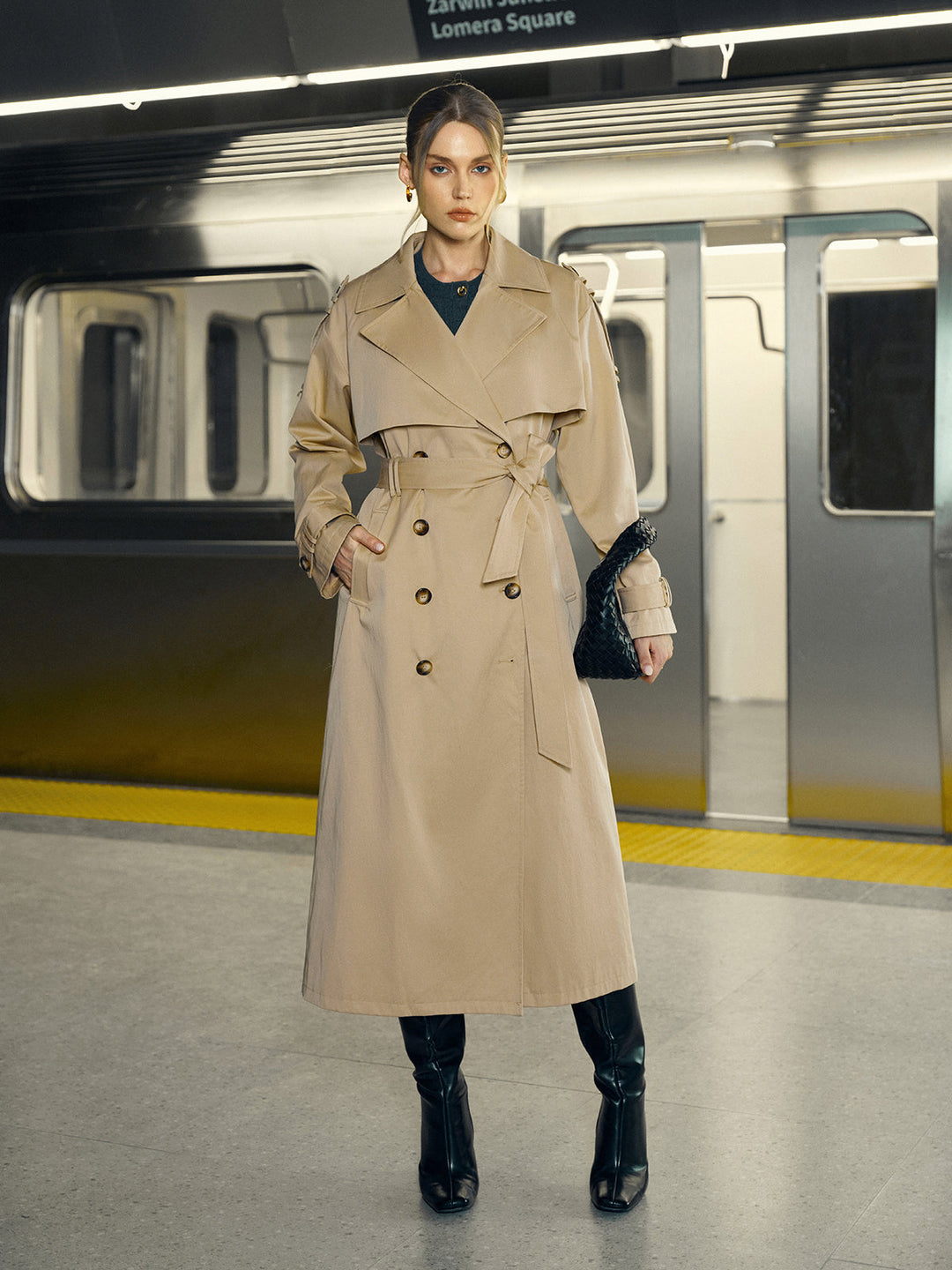 Cotton-Blend Double-Breasted Belted Long Trench Coat  Liora Lane Boutique Trench Coats Khaki / XL 109.00