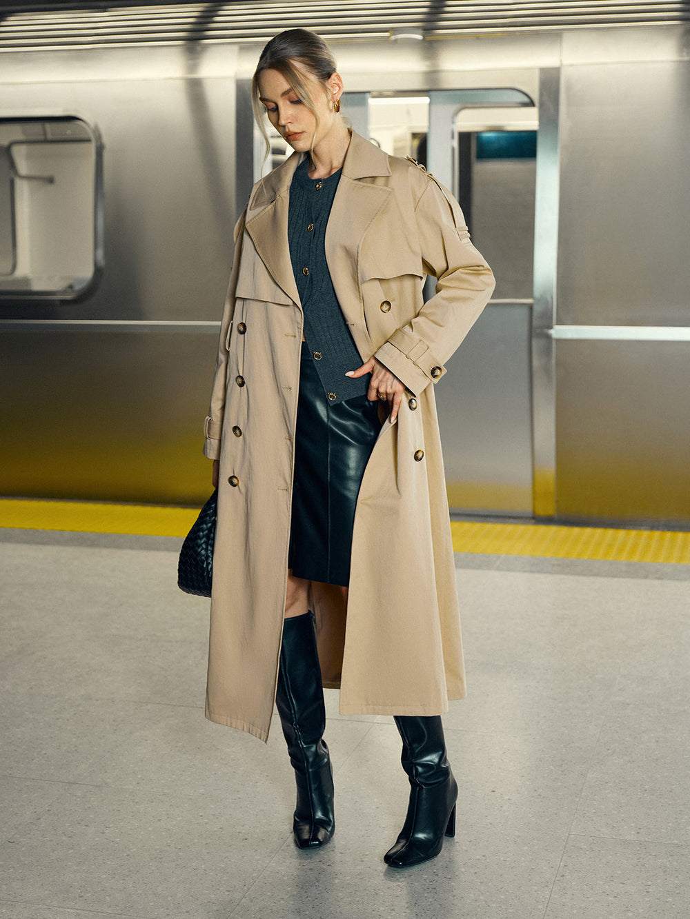Cotton-Blend Double-Breasted Belted Long Trench Coat  Liora Lane Boutique Trench Coats