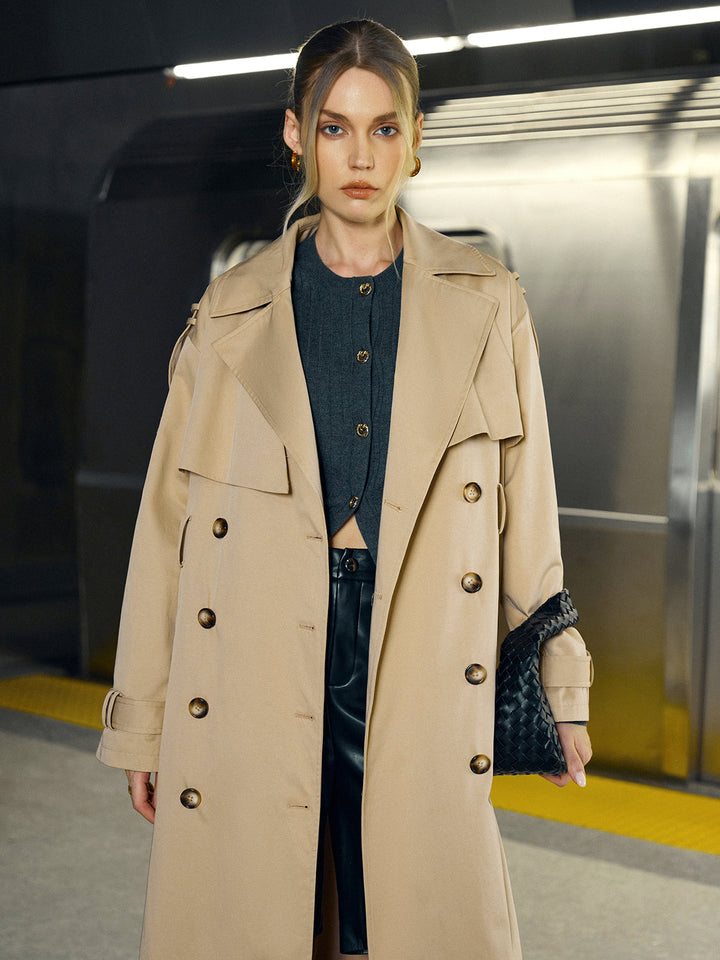 Cotton-Blend Double-Breasted Belted Long Trench Coat  Liora Lane Boutique Trench Coats