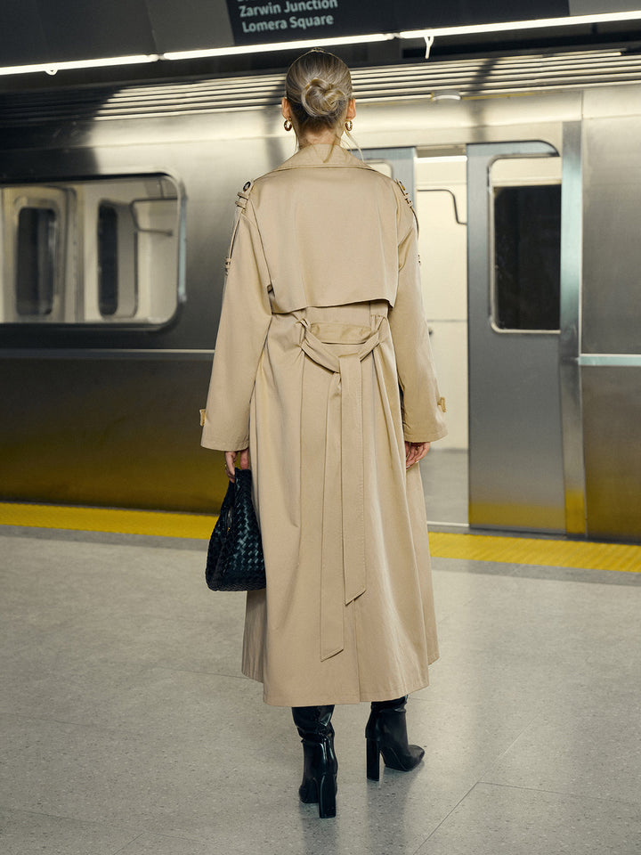 Cotton-Blend Double-Breasted Belted Long Trench Coat  Liora Lane Boutique Trench Coats