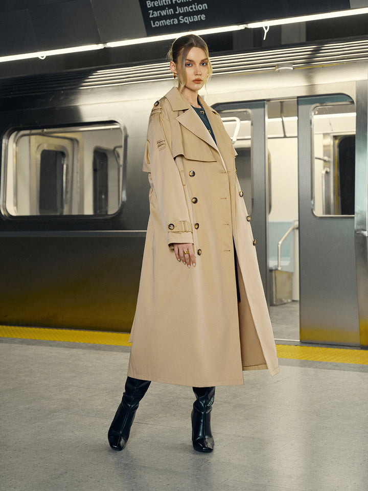 Cotton-Blend Double-Breasted Belted Long Trench Coat  Liora Lane Boutique Trench Coats