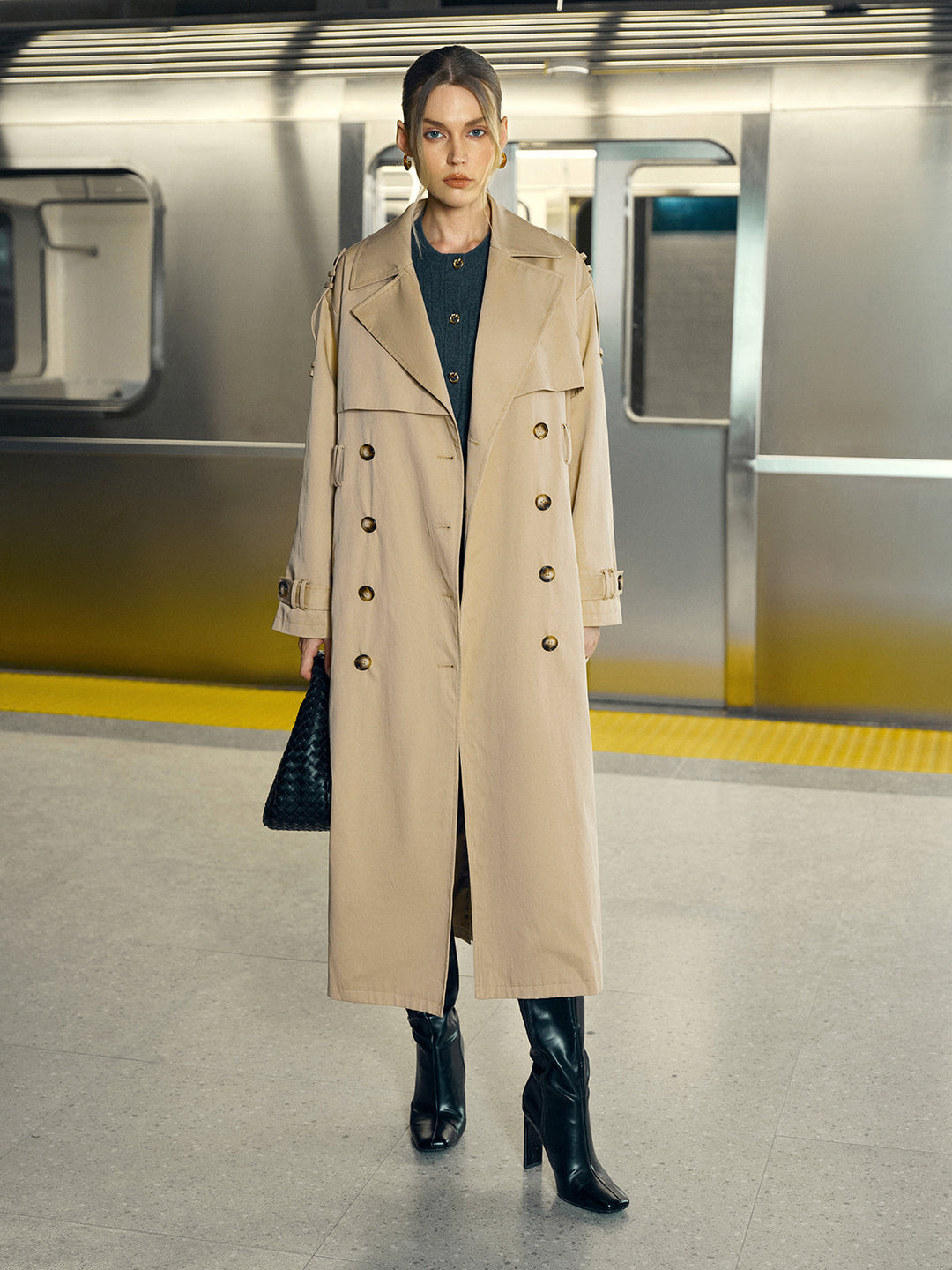 Cotton-Blend Double-Breasted Belted Long Trench Coat  Liora Lane Boutique Trench Coats