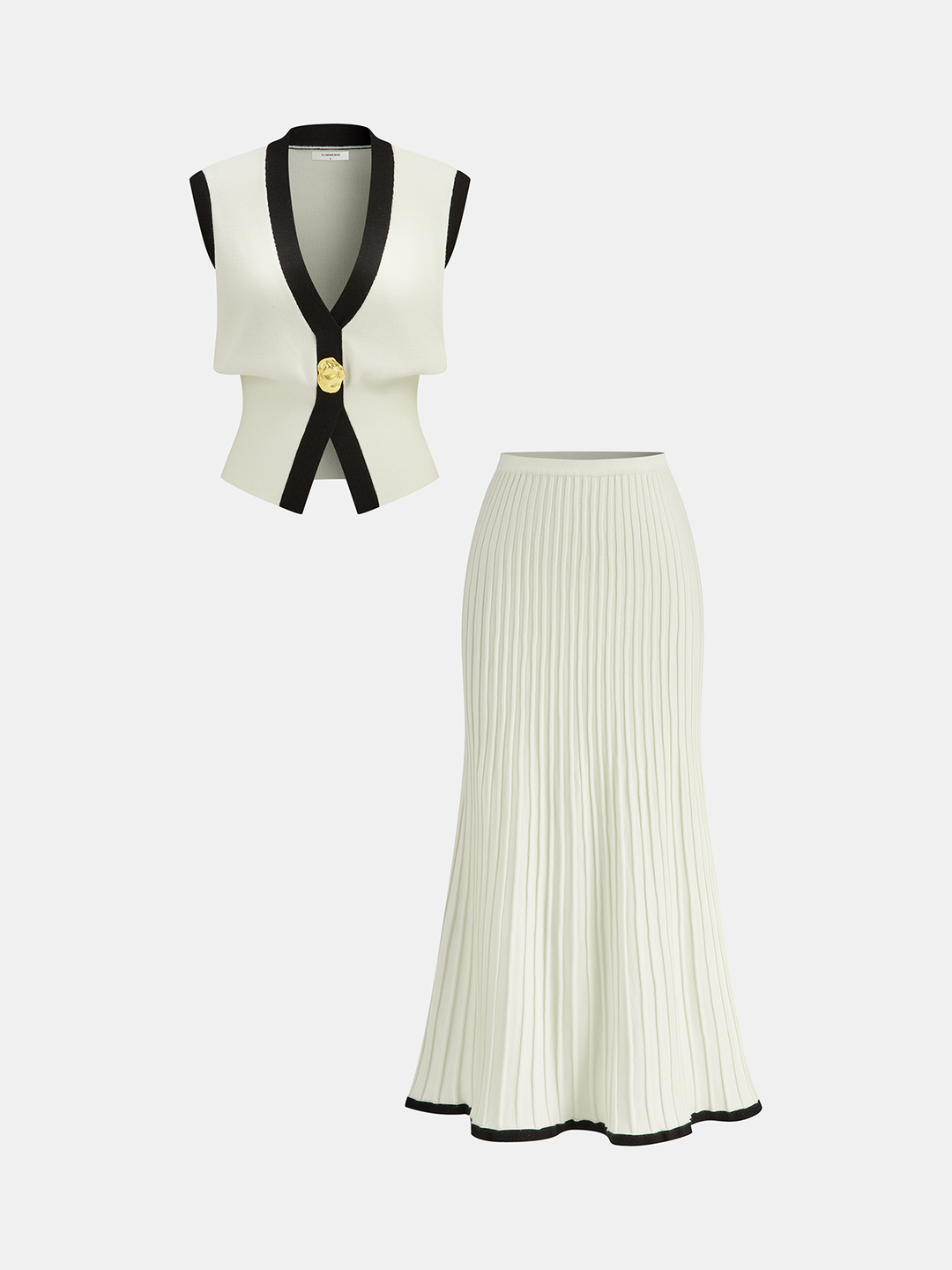Contrast Trim Knit Vest and Midi Skirt Set  Liora Lane Boutique Skirt Sets White / XL 69.00