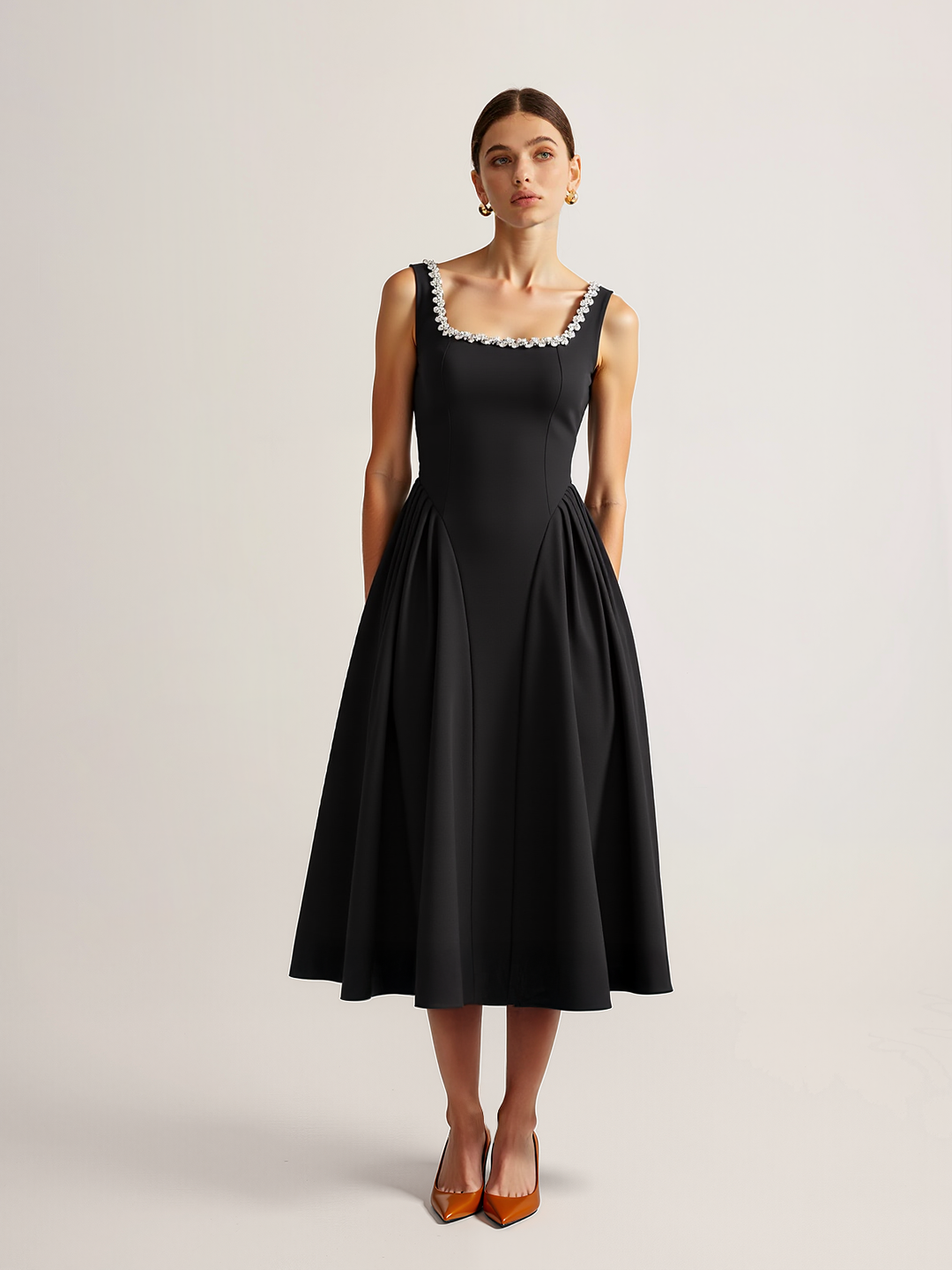 Sleeveless Square Neck Diamond Trim Flare Dress  Liora Lane Boutique Dresses Black / XL 64.00
