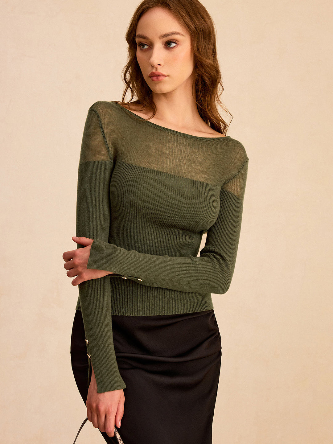 Sheer-Paneled Boat Neck Knit Top  Liora Lane Boutique Sweaters Green / XL 29.00