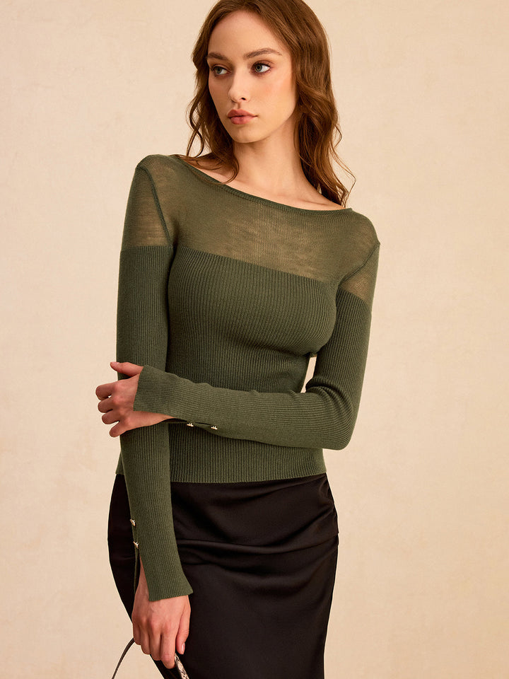 Sheer-Paneled Boat Neck Knit Top  Liora Lane Boutique Sweaters Green / XL 29.00