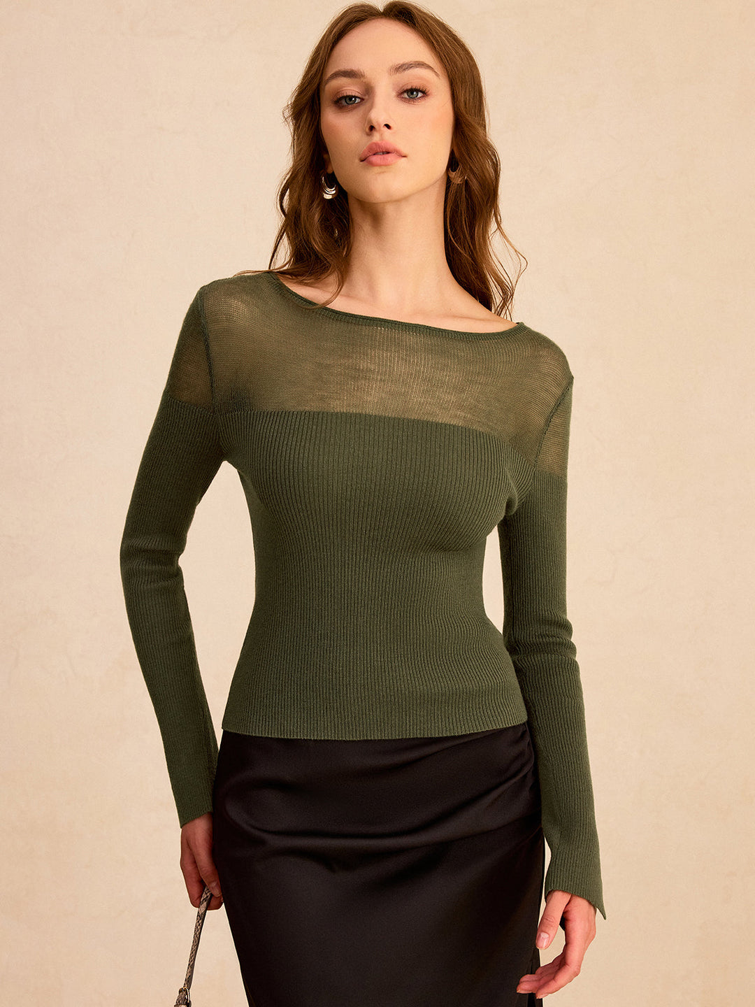 Sheer-Paneled Boat Neck Knit Top  Liora Lane Boutique Sweaters