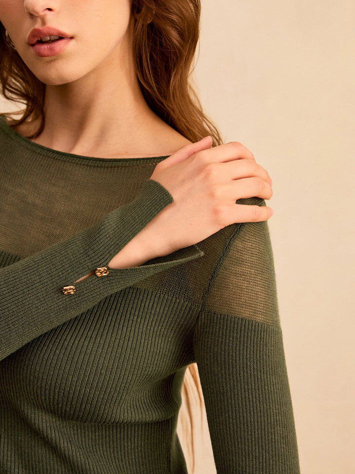 Sheer-Paneled Boat Neck Knit Top  Liora Lane Boutique Sweaters