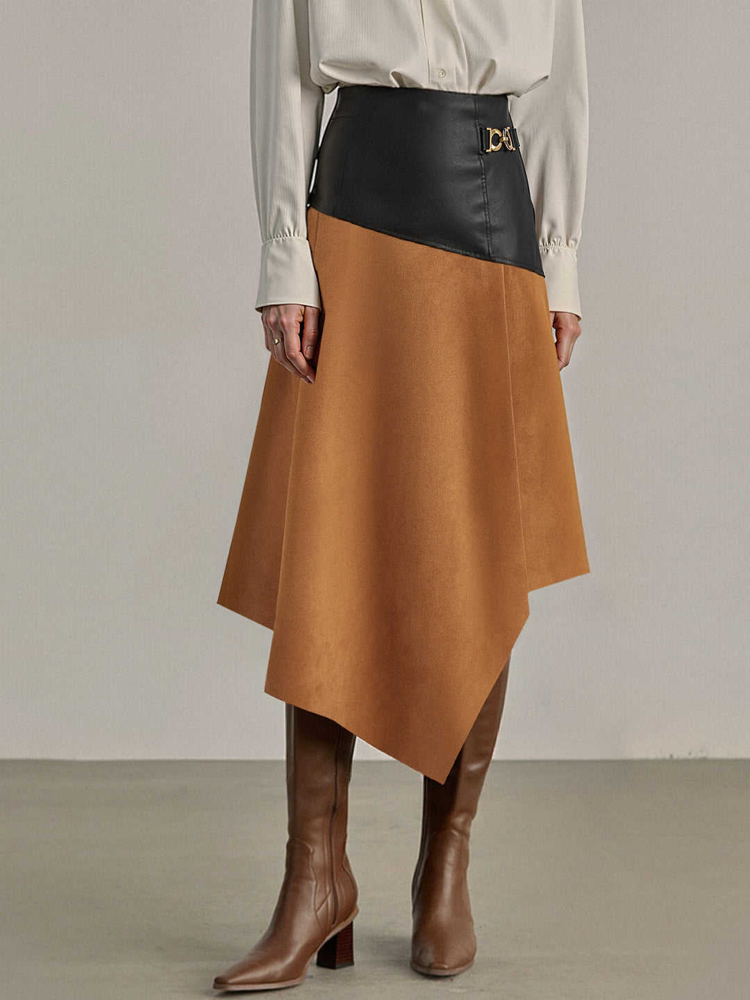 Faux Leather Paneled Suede Asymmetric Midi Skirt  Liora Lane Boutique Skirts Brown / XL 49.00