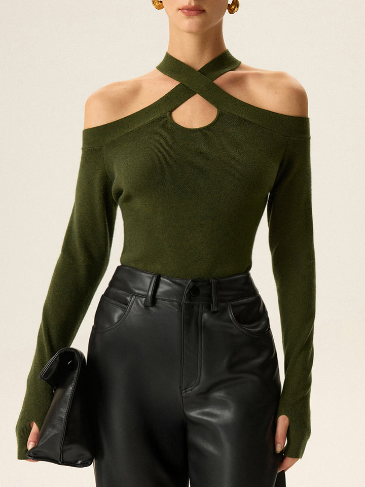 Cross-Strap Off-Shoulder Knit Top  Liora Lane Boutique Knit Tops ArmyGreen / XL 38.00