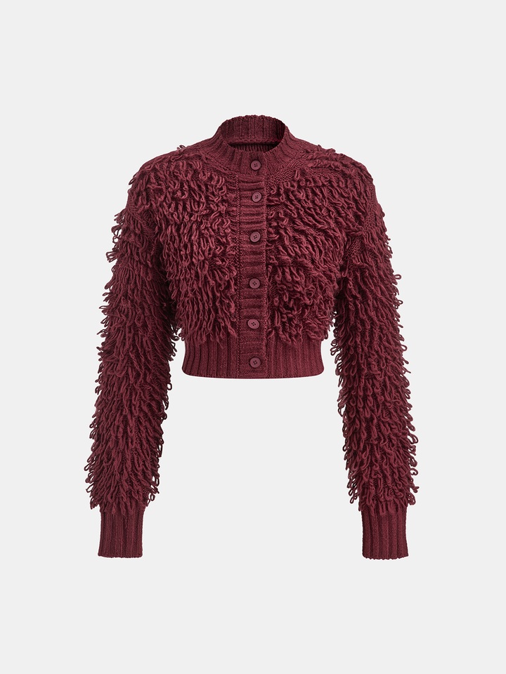 Textured Fringe Buttoned Knit Top  Liora Lane Boutique Knit Tops Burgundy / XL 59.00