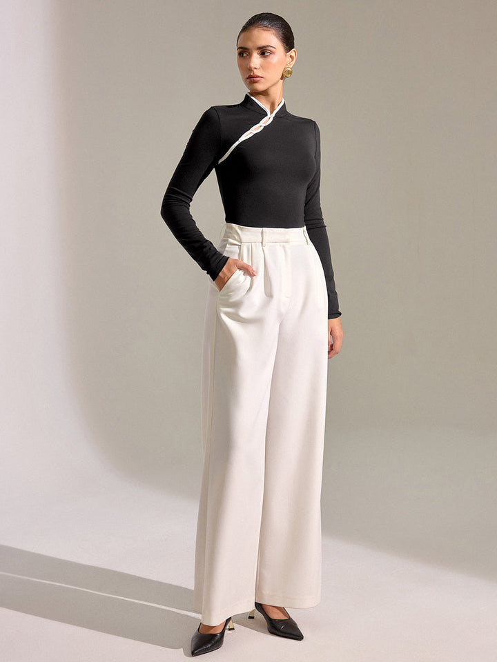 Contrast Trim Mandarin Collar Fitted T-Shirt  Liora Lane Boutique T-Shirts