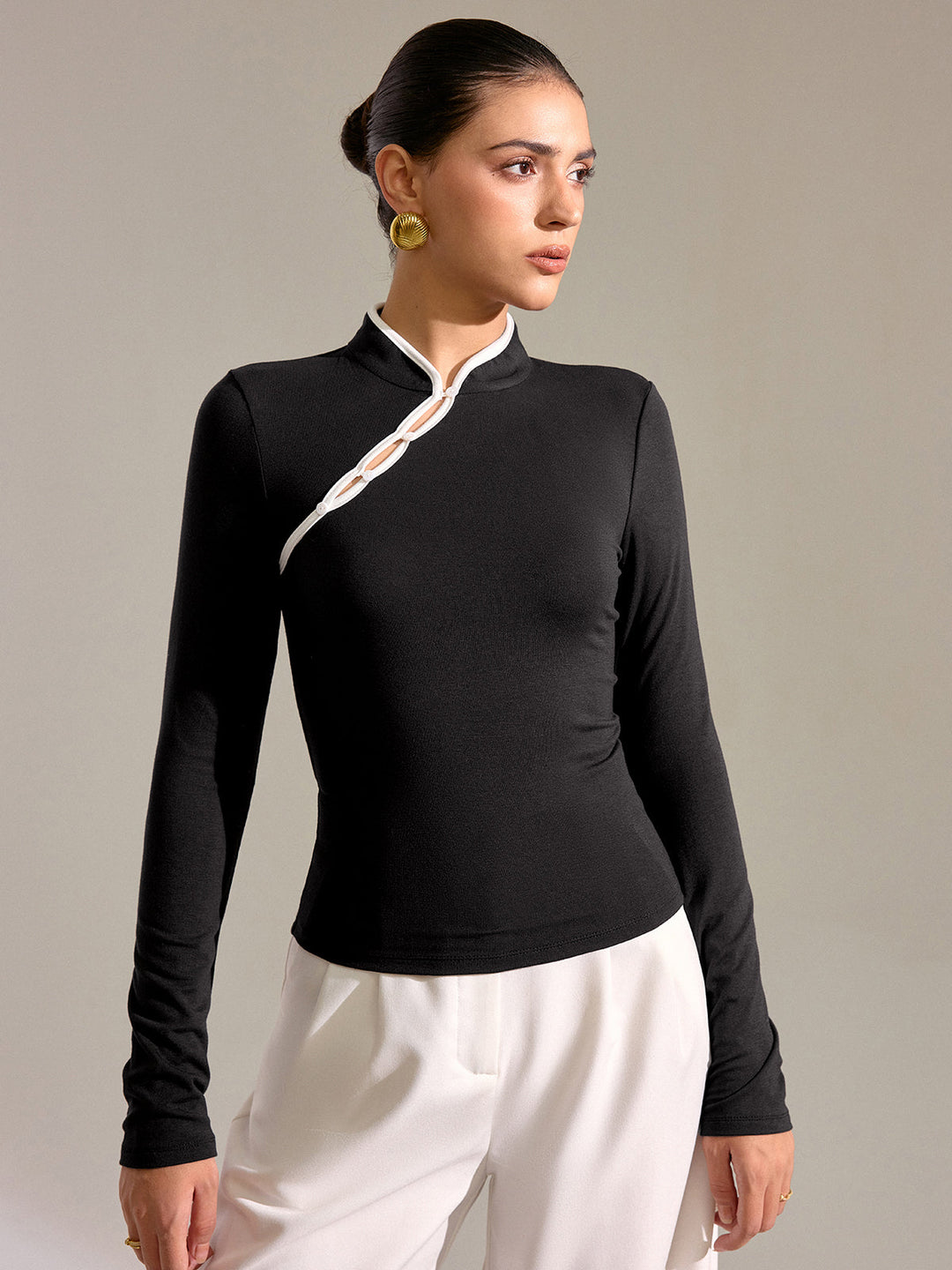 Contrast Trim Mandarin Collar Fitted T-Shirt  Liora Lane Boutique T-Shirts
