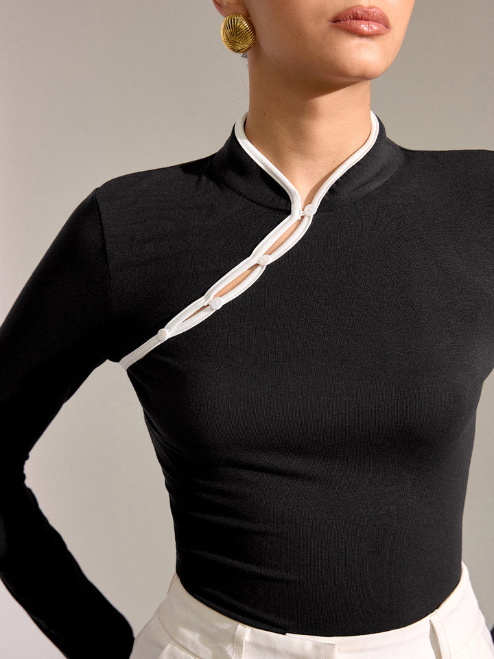 Contrast Trim Mandarin Collar Fitted T-Shirt  Liora Lane Boutique T-Shirts