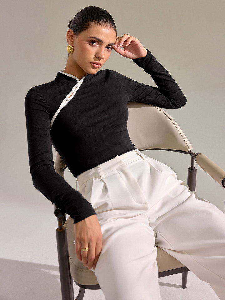 Contrast Trim Mandarin Collar Fitted T-Shirt  Liora Lane Boutique T-Shirts