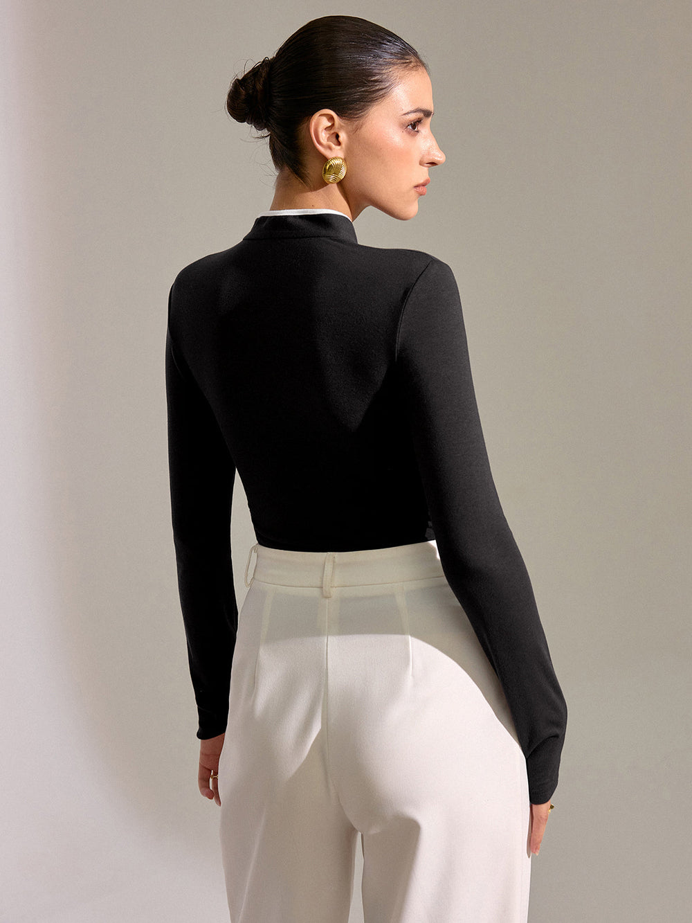 Contrast Trim Mandarin Collar Fitted T-Shirt  Liora Lane Boutique T-Shirts