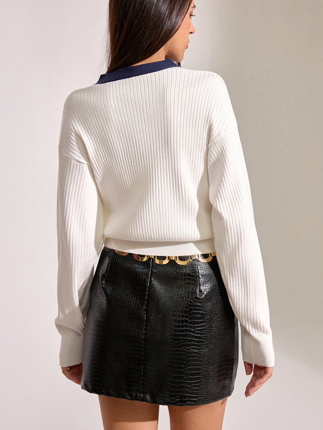 Contrast Trim Metal Button Cardigan  Liora Lane Boutique Knit Tops