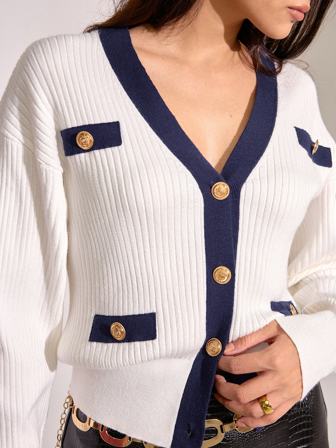 Contrast Trim Metal Button Cardigan  Liora Lane Boutique Knit Tops