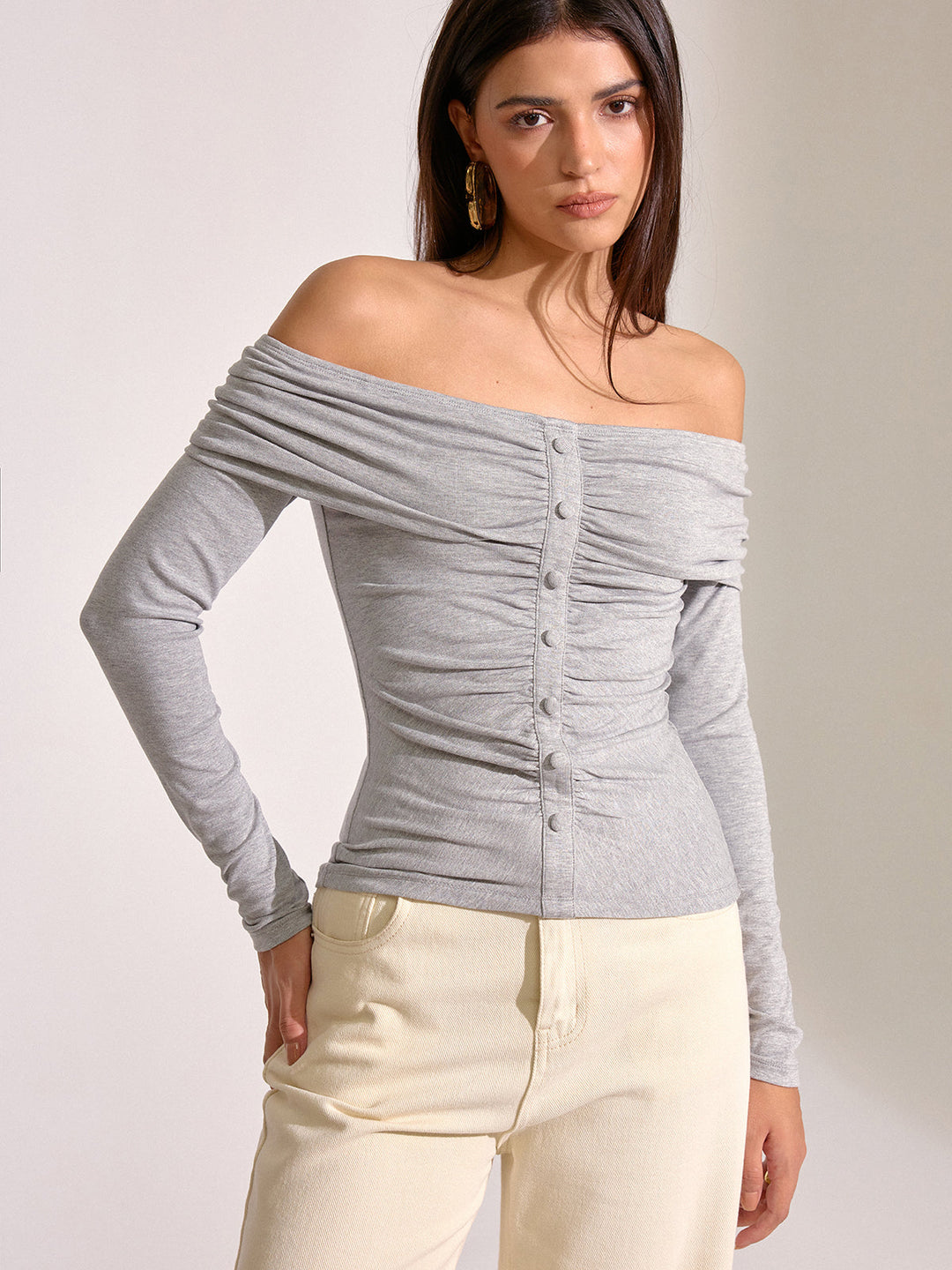 Off-Shoulder Ruched Long Sleeve T-Shirt  Liora Lane Boutique T-Shirts Light Grey / XL 35.00