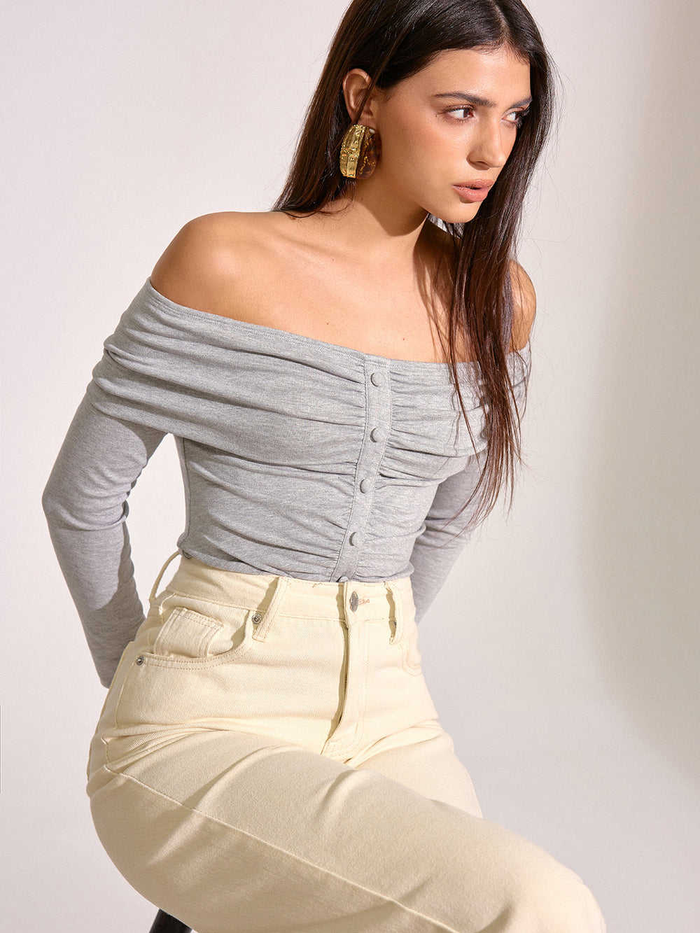 Off-Shoulder Ruched Long Sleeve T-Shirt  Liora Lane Boutique T-Shirts