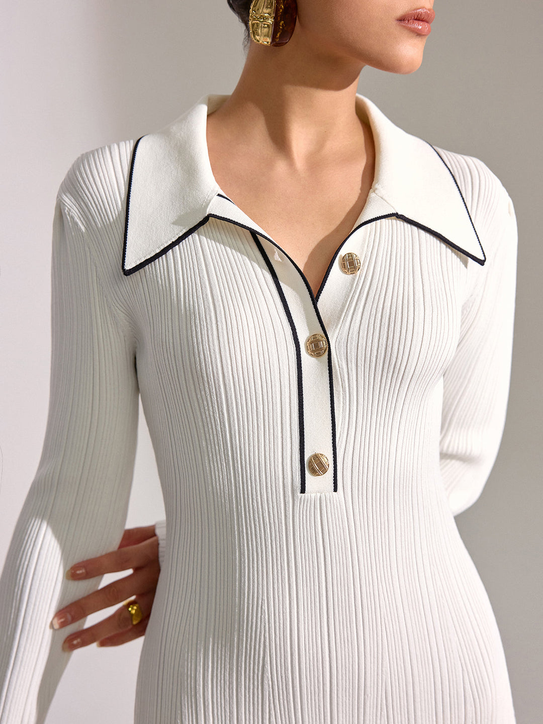 Contrast Trim Collar Long Sleeve Mini Dress  Liora Lane Boutique Sweater Dresses