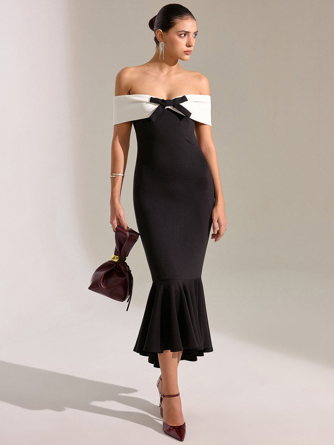 Bow Off-Shoulder Mermaid Midi Dress  Liora Lane Boutique Dresses