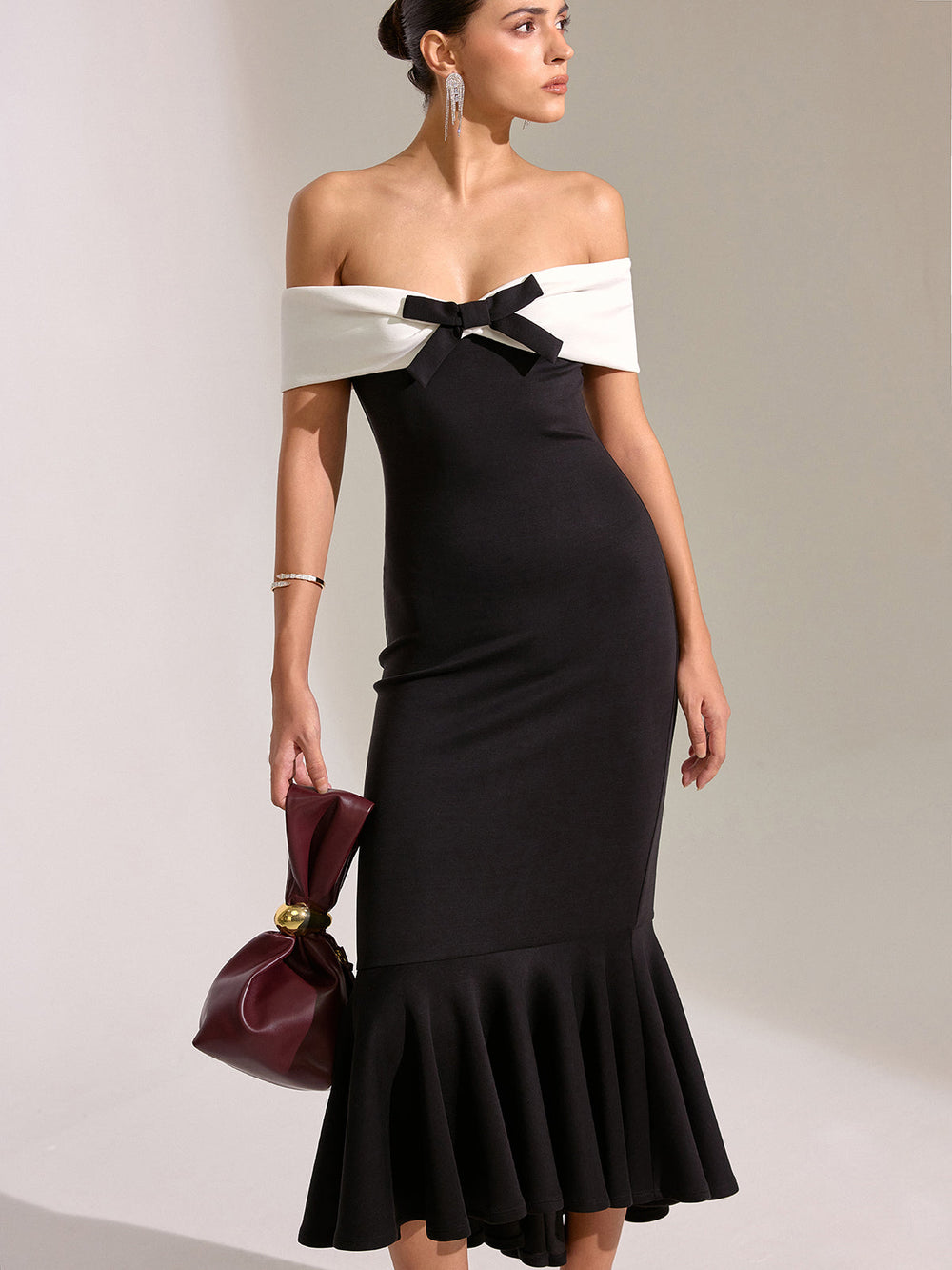 Bow Off-Shoulder Mermaid Midi Dress  Liora Lane Boutique Dresses