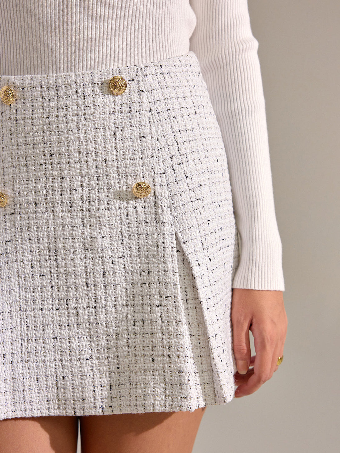 Metal Button Pleated Tweed Mini Skirt  Liora Lane Boutique Skirts