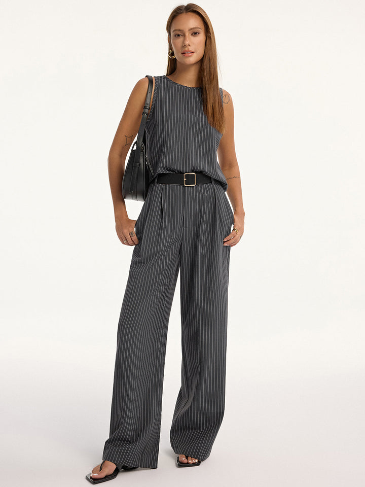 Pinstripe Sleeveless Top and Pants Set with Belt  Liora Lane Boutique Pant Sets Grey / XL 156.99
