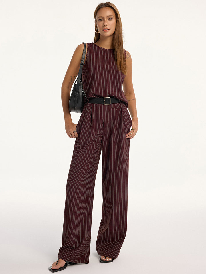 Pinstripe Sleeveless Top and Pants Set with Belt  Liora Lane Boutique Pant Sets Burgundy / XL 156.99