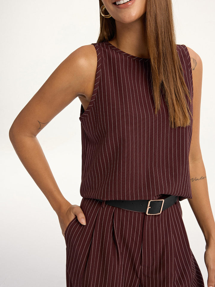 Pinstripe Sleeveless Top and Pants Set with Belt  Liora Lane Boutique Pant Sets