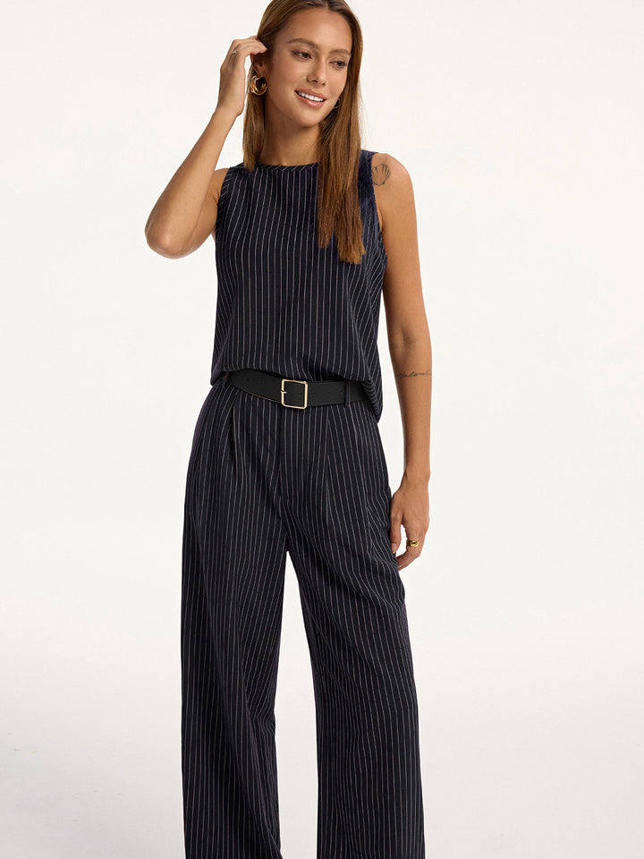 Pinstripe Sleeveless Top and Pants Set with Belt  Liora Lane Boutique Pant Sets