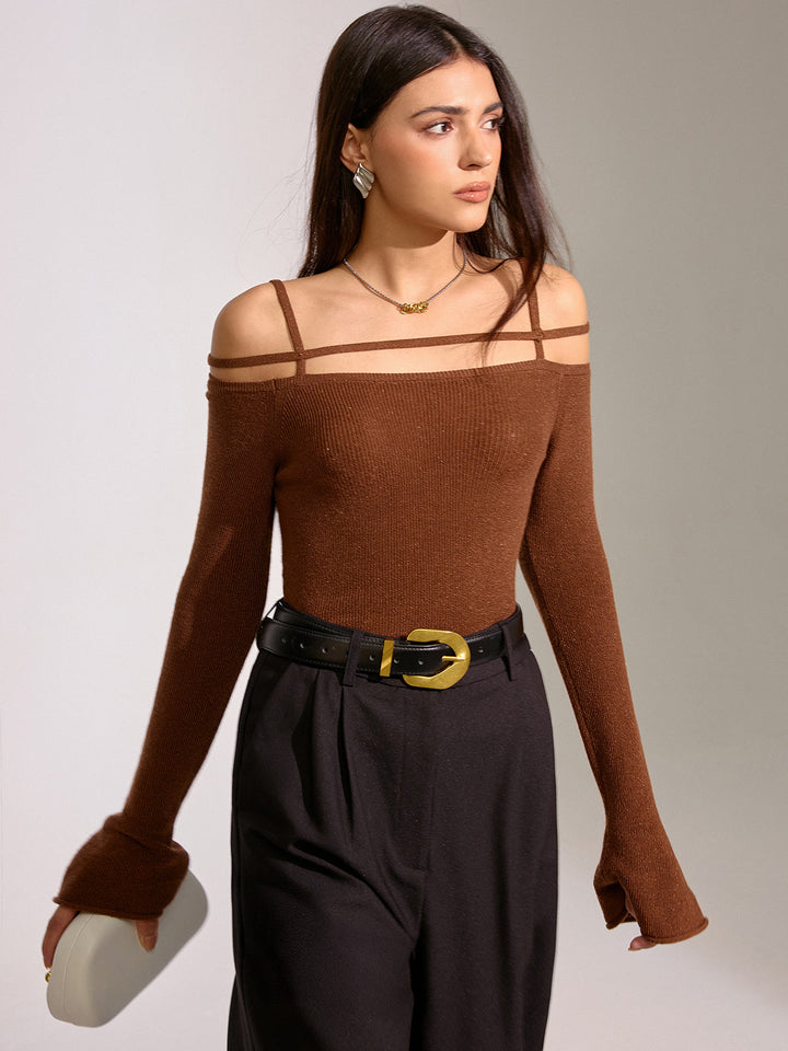 Flared Cuff Wool Blend Off-Shoulder Knit Top  Liora Lane Boutique Knit Tops