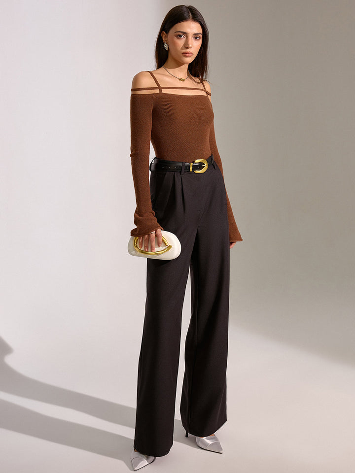 Flared Cuff Wool Blend Off-Shoulder Knit Top  Liora Lane Boutique Knit Tops