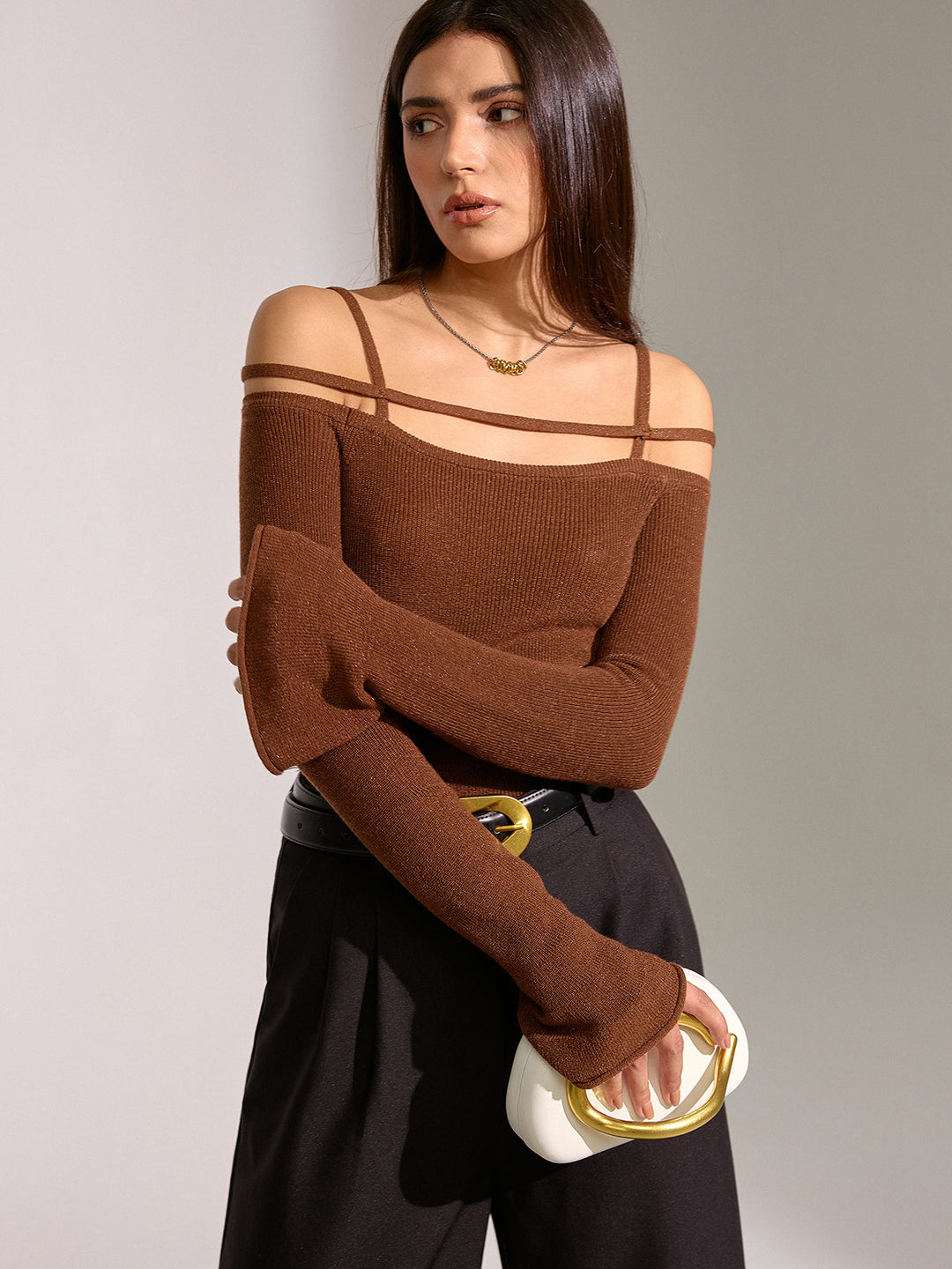 Flared Cuff Wool Blend Off-Shoulder Knit Top  Liora Lane Boutique Knit Tops Light Brown / XL 46.00