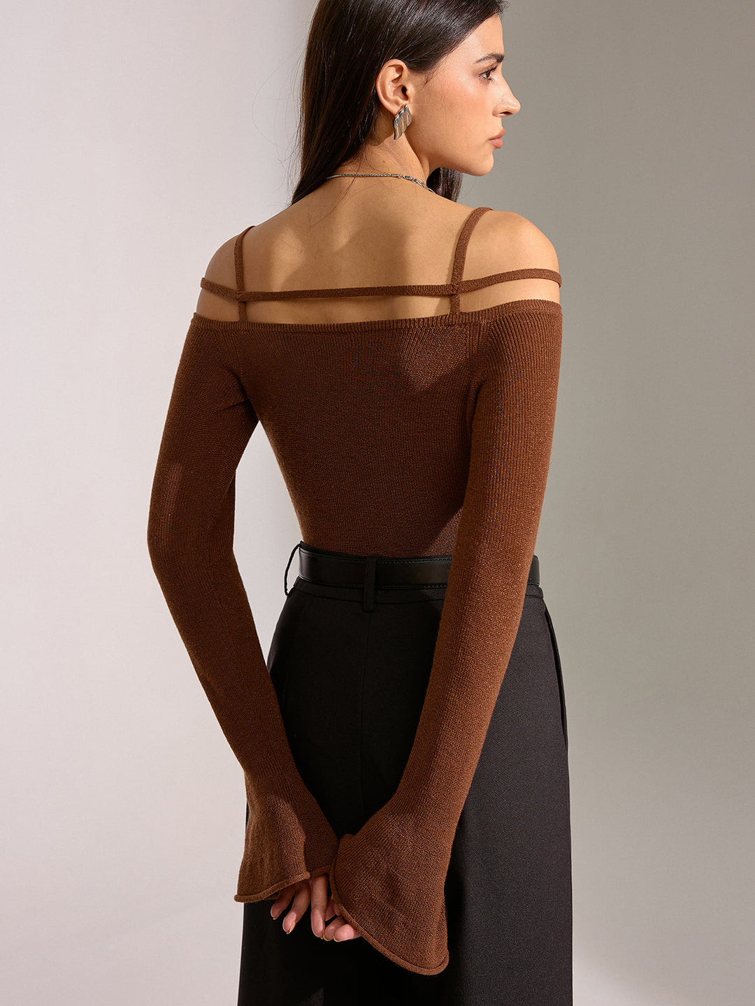 Flared Cuff Wool Blend Off-Shoulder Knit Top  Liora Lane Boutique Knit Tops