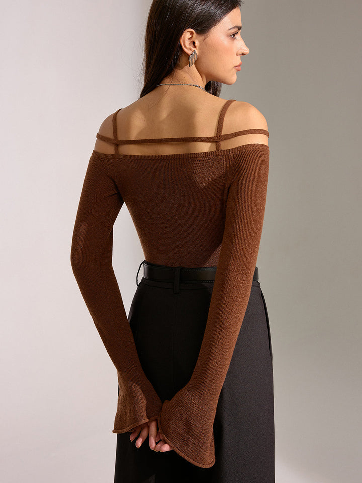 Flared Cuff Wool Blend Off-Shoulder Knit Top  Liora Lane Boutique Knit Tops