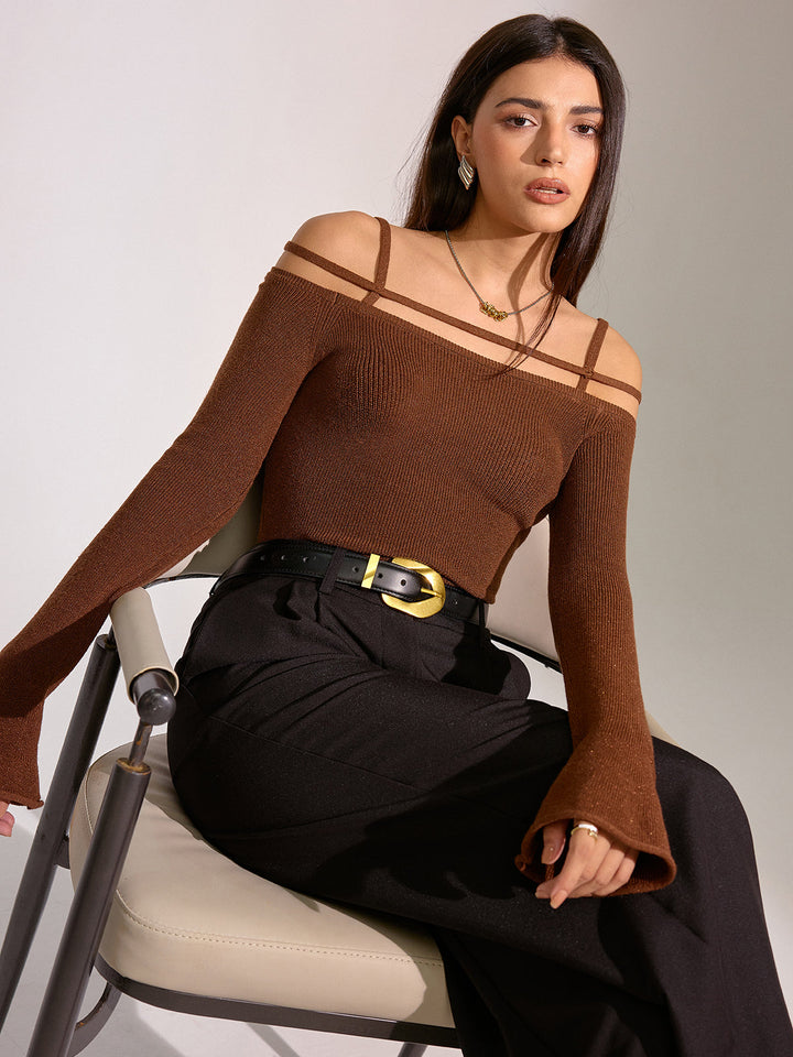 Flared Cuff Wool Blend Off-Shoulder Knit Top  Liora Lane Boutique Knit Tops