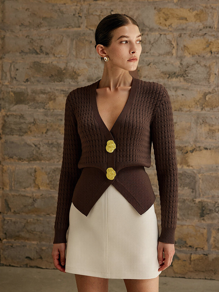 Metal Button V-Neck Cable Knit Outerwear  Liora Lane Boutique Knit Outerwear Dark Brown / XL 56.00