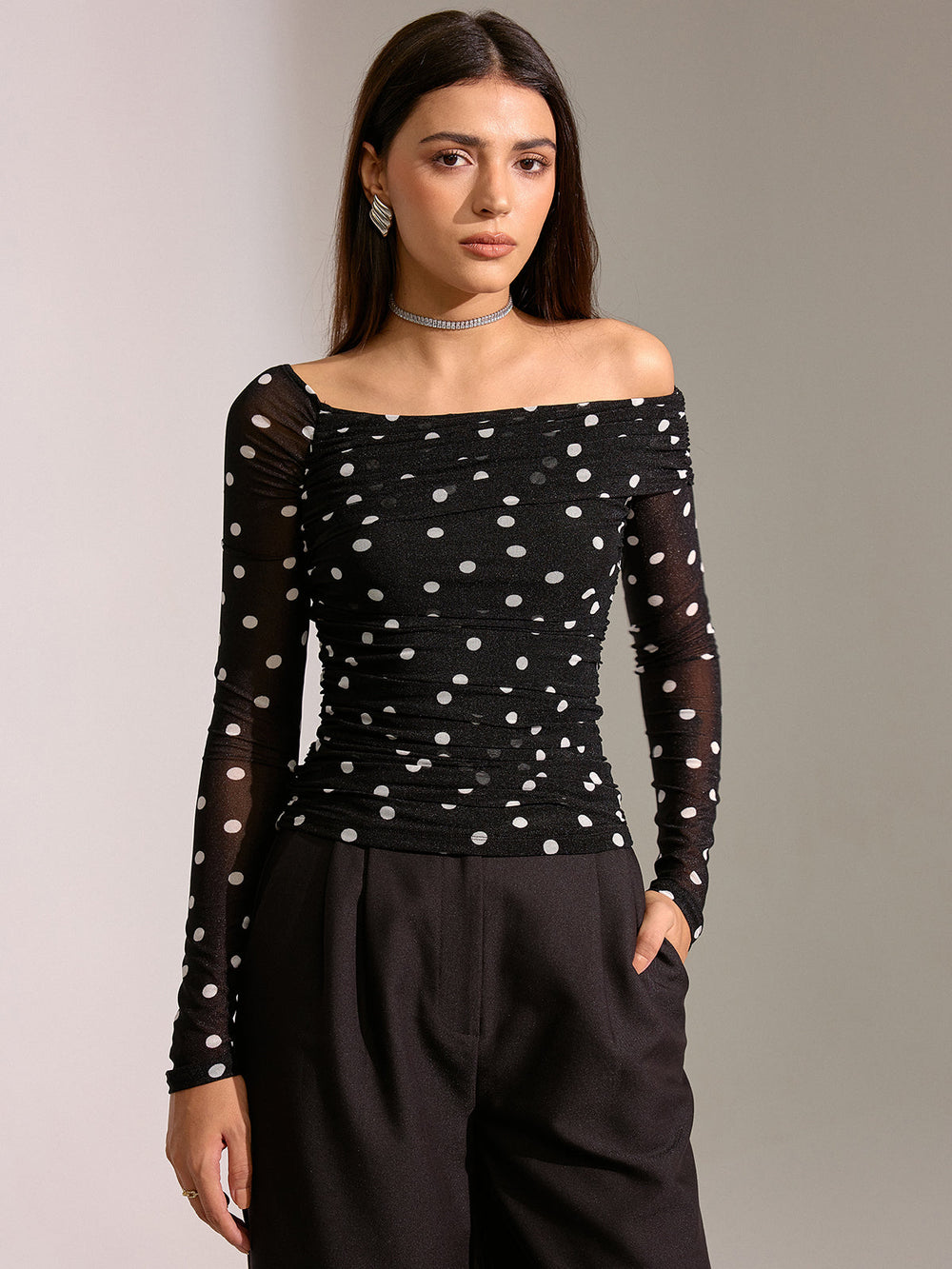 Semi-Sheer Mesh Polka Dot Ruched Off-Shoulder T-Shirt  Liora Lane Boutique T-Shirts