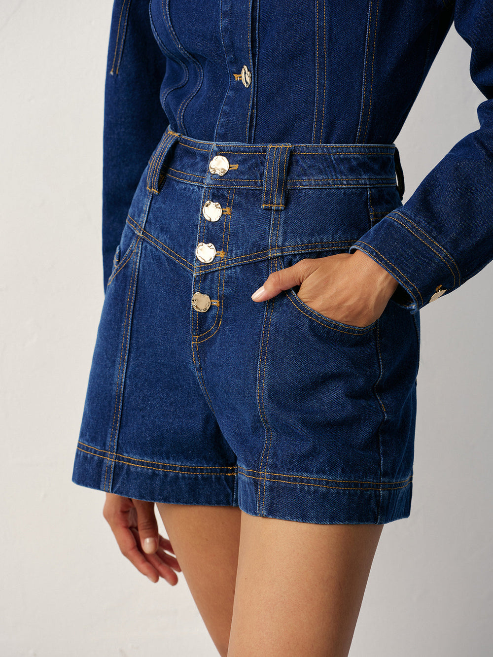 High-Waisted Button-Front Denim Short  Liora Lane Boutique Denim Shorts