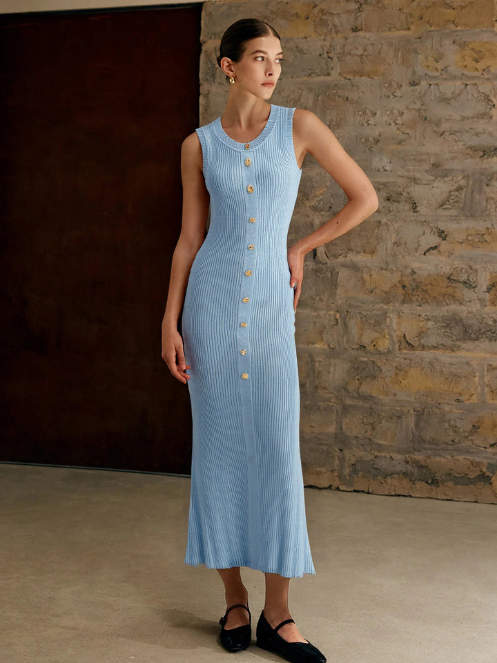 Sleeveless Button-Front Knitted Maxi Dress  Liora Lane Boutique Sweater Dresses LightBlue / XL 131.99