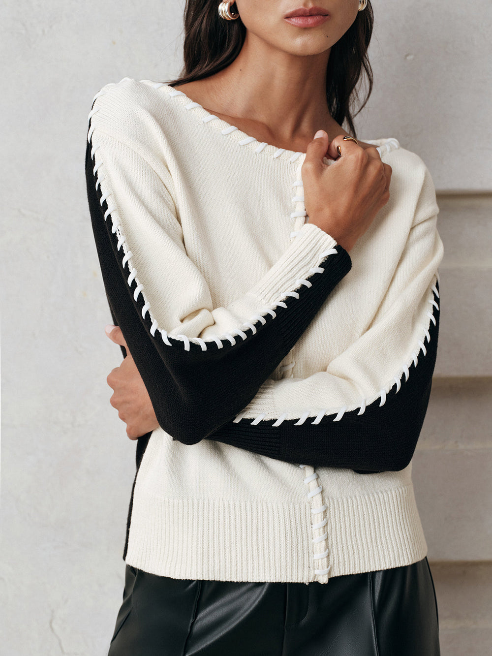 Contrast-Panel Stitch-Trim Knit Top  Liora Lane Boutique Knit Tops